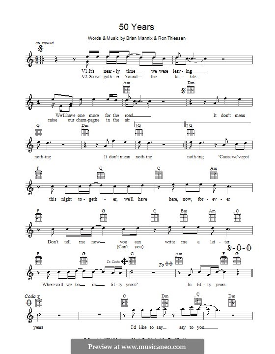50 Years (The Uncanny X-Men): Melody line, lyrics and chords by Brian Mannix, Ron Thiessen