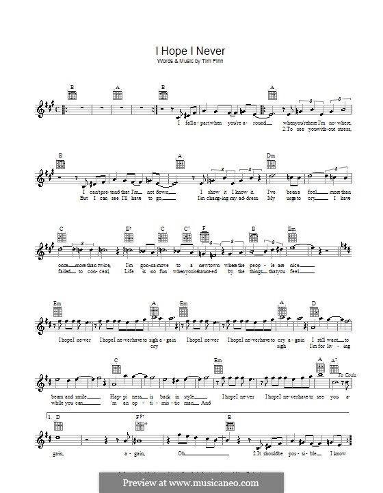 I Hope I Never (Split Enz): Melody line, lyrics and chords by Tim Finn