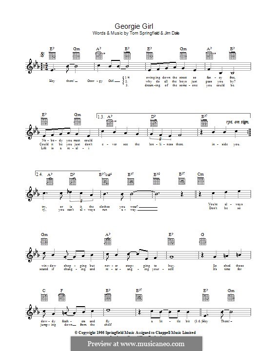 Georgy Girl (The Seekers): Melody line, lyrics and chords by Jim Dale, Tom Springfield