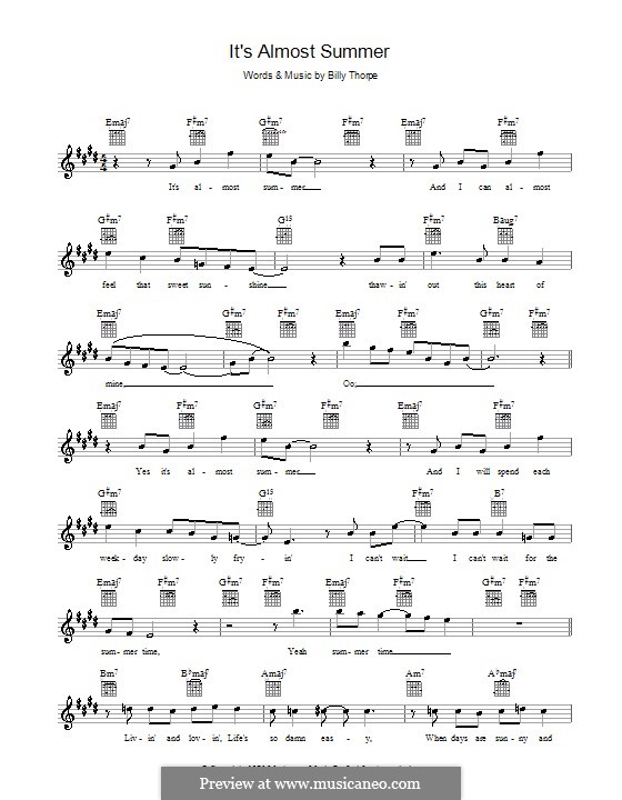 It's Almost Summer: Melody line, lyrics and chords by Billy Thorpe