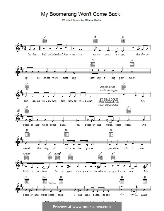 My Boomerang Won't Come Back: Melody line, lyrics and chords by Charlie Drake, Max Diamond