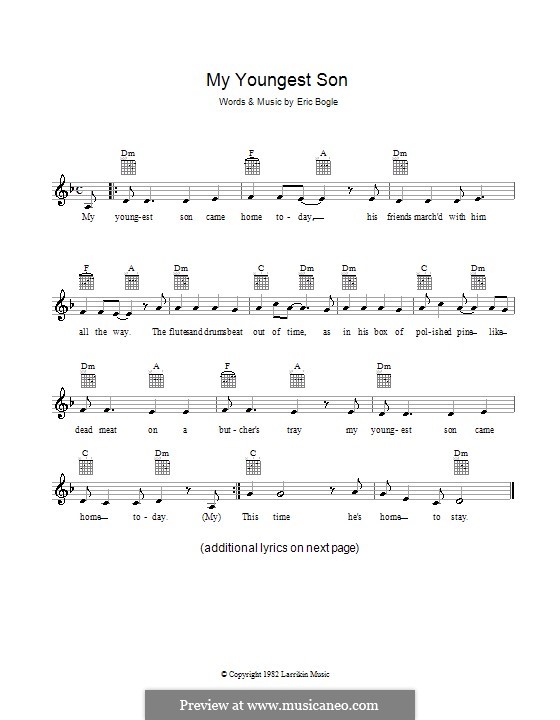 My Youngest Son: Melody line, lyrics and chords by Eric Bogle