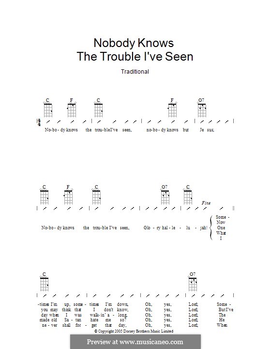 Nobody Knows the Trouble I've Seen: Ukulele with strumming patterns by folklore