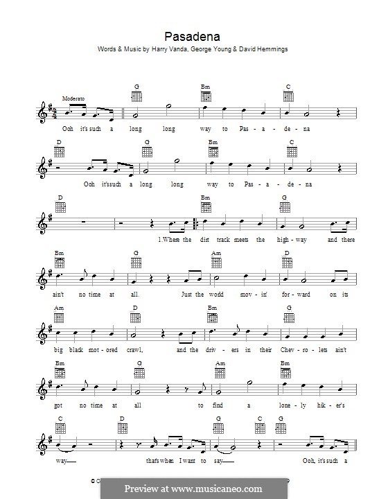 Pasadena: Melody line, lyrics and chords by David Hemmings, George Young, Harry Vanda