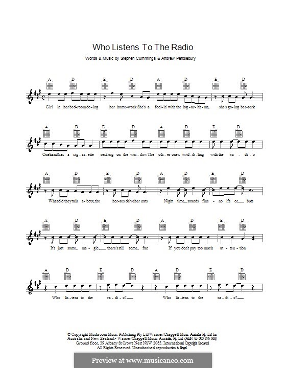 Who Listens to the Radio (The Sports): Melody line, lyrics and chords by Andrew Pendlebury, Stephen Cummings
