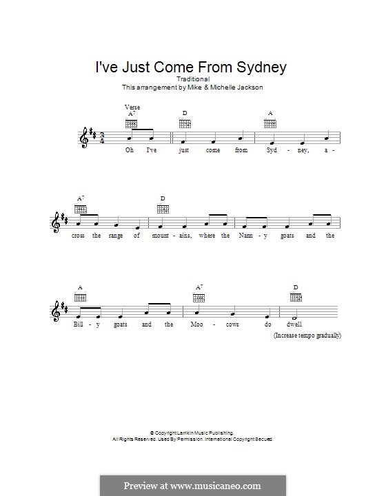 I've Just Come from Sydney: Melody line, lyrics and chords by folklore