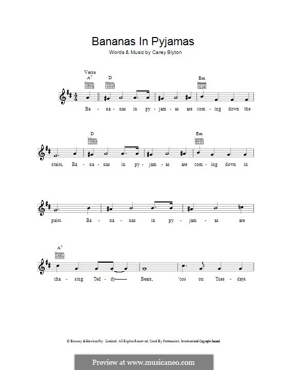 Bananas in Pyjamas: Melody line, lyrics and chords by Carey Blyton