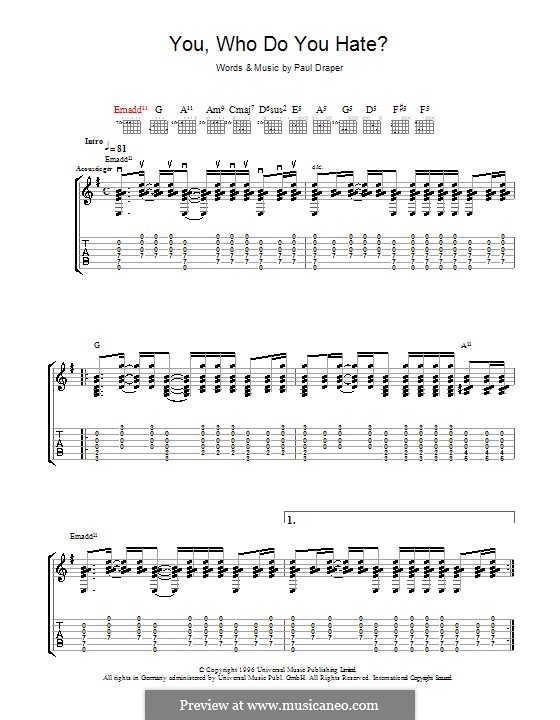 You, Who Do You Hate? (Mansun): For guitar with tab by Paul Draper