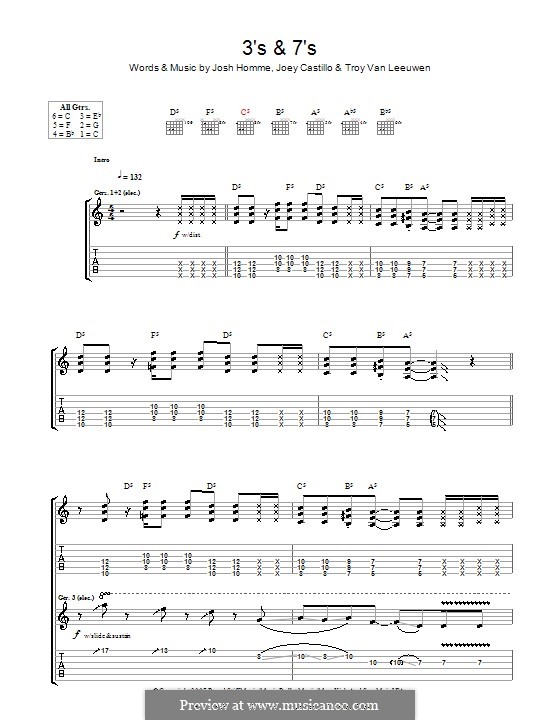 3's and 7's (Queens of the Stone Age): For guitar with tab by Joey Castillo, Joshua Homme, Troy Van Leeuwen