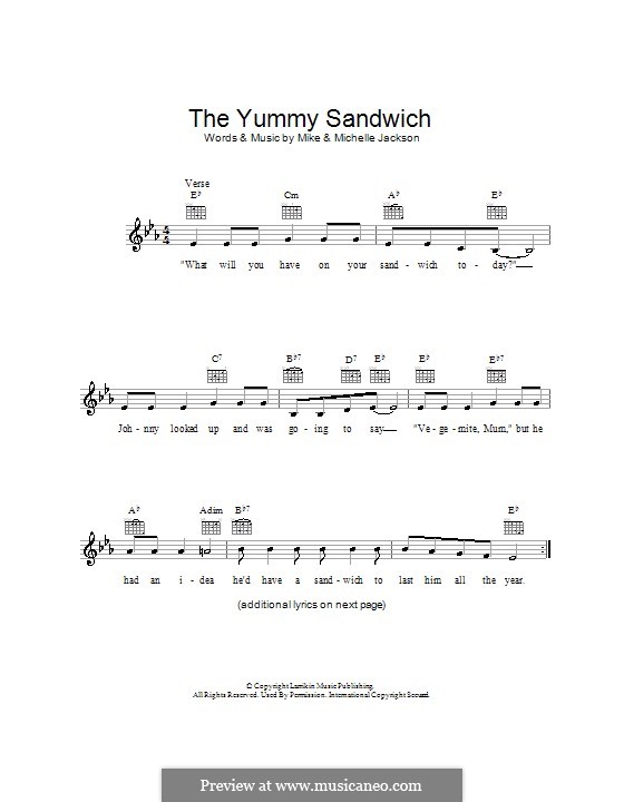 The Yummy Sandwich: Melody line, lyrics and chords by Michael Jackson