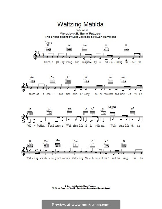 Waltzing Matilda: Melody line, lyrics and chords by folklore