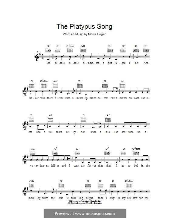 The Platypus Song: Melody line, lyrics and chords by Morva Cogan
