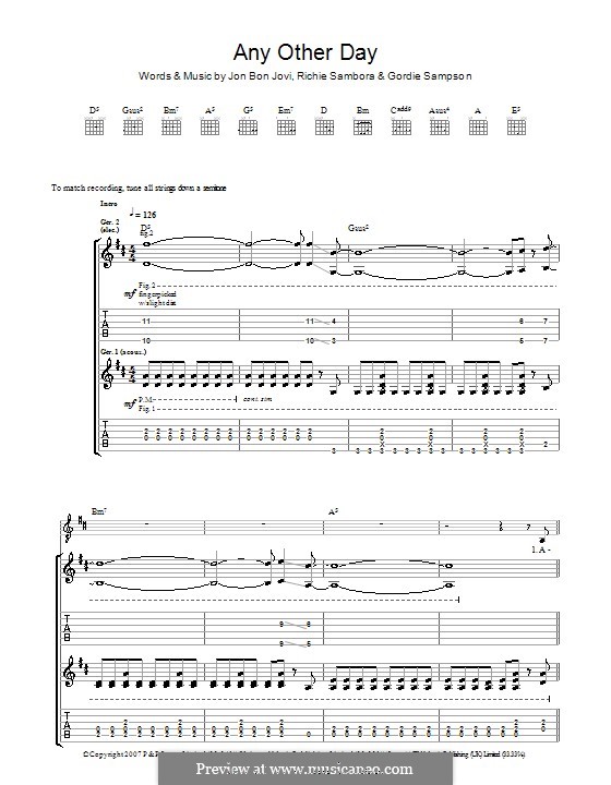 Any Other Day (Bon Jovi): For guitar with tab by Gordie Sampson, Jon Bon Jovi, Richie Sambora