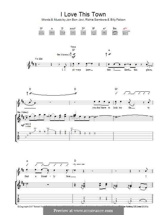 I Love This Town (Bon Jovi): For guitar with tab by Billy Falcon, Jon Bon Jovi, Richie Sambora