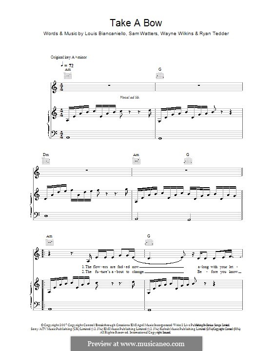 Take a Bow (Leona Lewis): For voice and piano (or guitar) by Louis Biancaniello, Ryan B Tedder, Samuel Watters, Wayne Wilkins