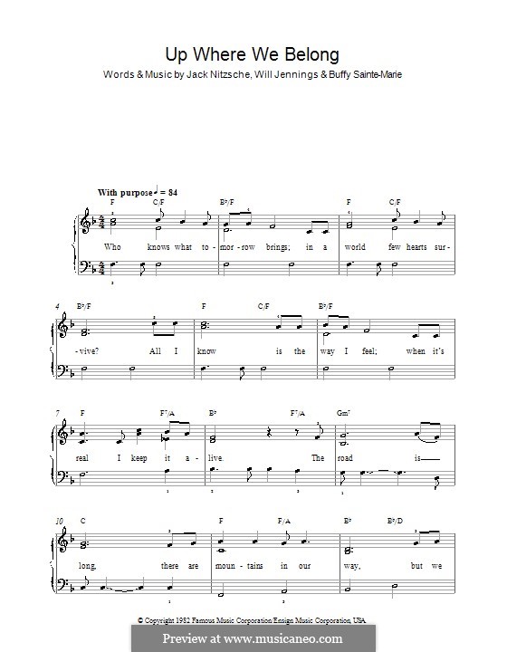 Up Where We Belong (Joe Cocker and Jennifer Warnes): For easy piano by Buffy Sainte-Marie, Jack Nitzsche, Will Jennings