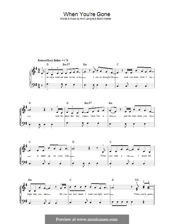When You're Gone: For easy piano by Avril Lavigne, Butch Walker