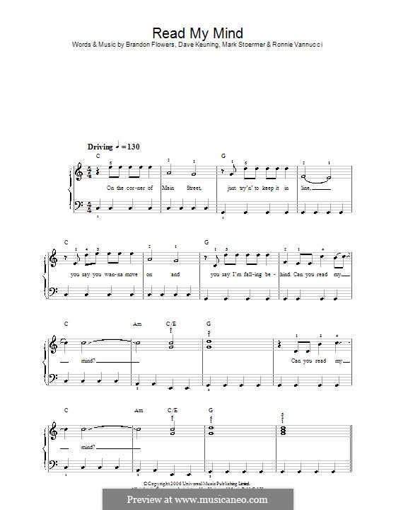 Read My Mind (The Killers): For easy piano by Brandon Flowers, Dave Keuning, Mark Stoermer, Ronnie Vannucci
