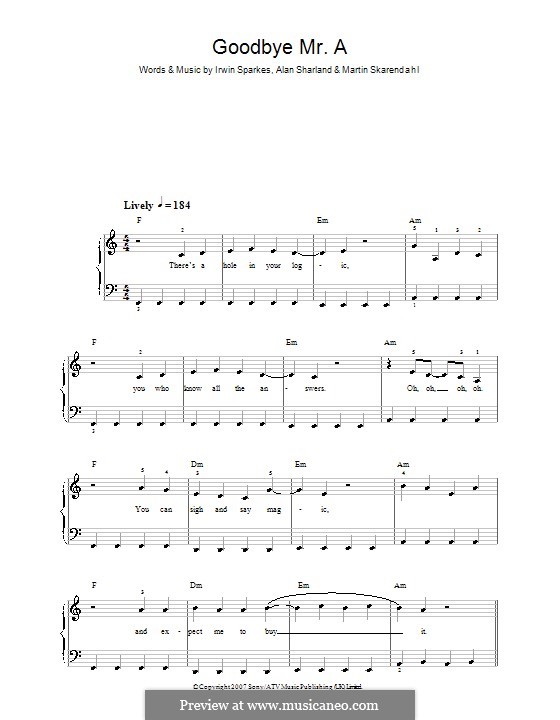 Goodbye Mr. A (The Hoosiers): For easy piano by Alan Sharland, Irwin Sparkes, Martin Skarendahl