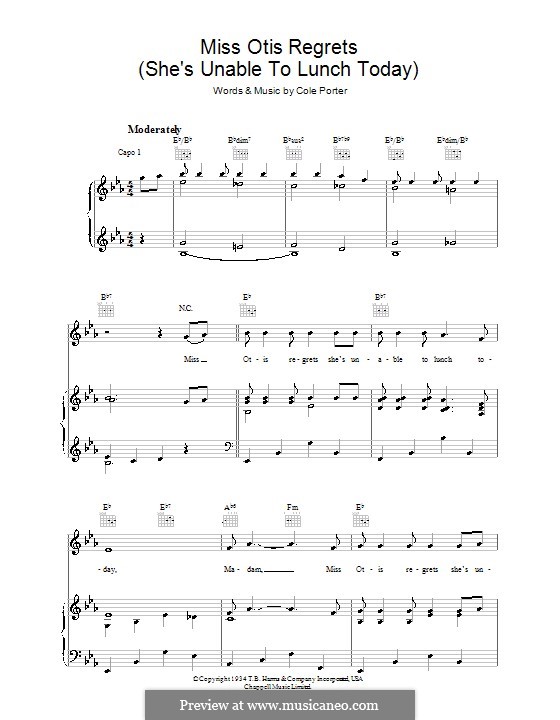 Miss Otis Regrets: For voice and piano (or guitar) by Cole Porter