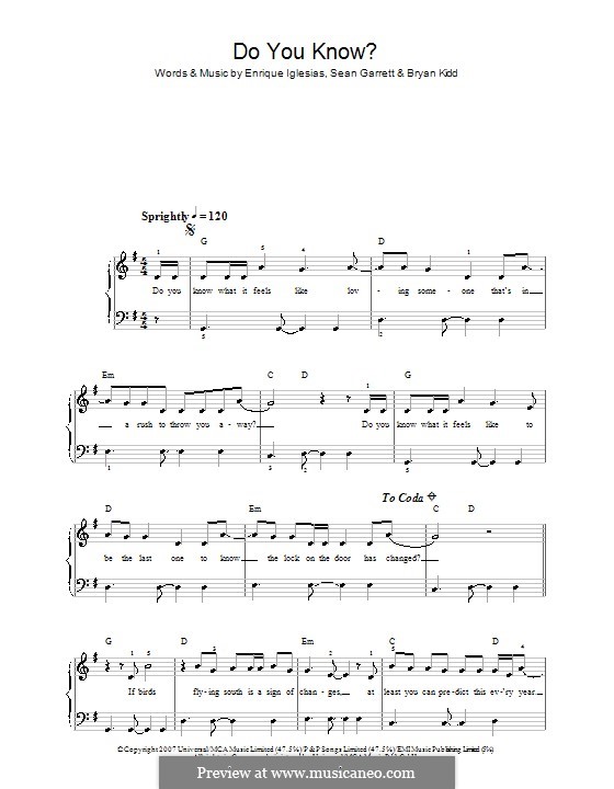 Do You Know?: For easy piano by Bryan Kidd, Enrique Iglesias, Sean Garrett