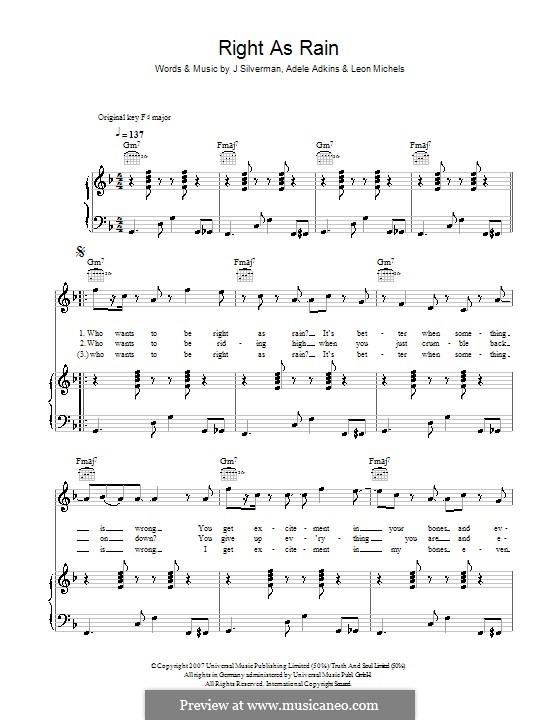 Right as Rain: For voice and piano (or guitar) by Adele, Jeffrey Silverman, Leon Michels