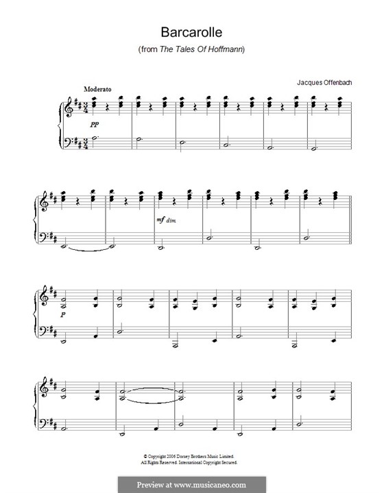 Barcarolle (Printable Scores): Version for easy piano by Jacques Offenbach