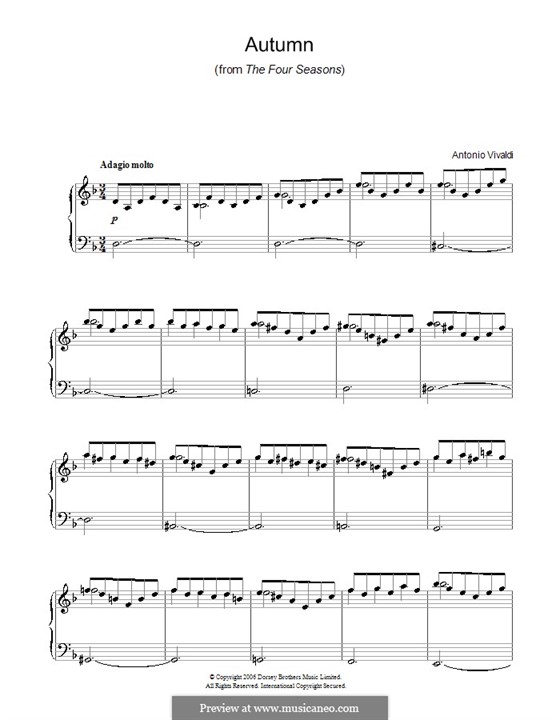 Violin Concerto No.3 in F Major 'L'autunno', RV 293: Movement II. Arrangement for piano by Antonio Vivaldi