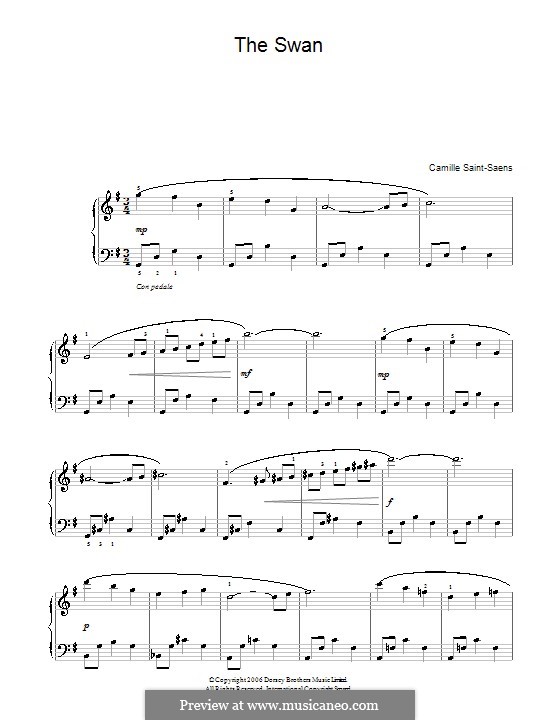 The Swan (printable scores): For piano by Camille Saint-Saëns