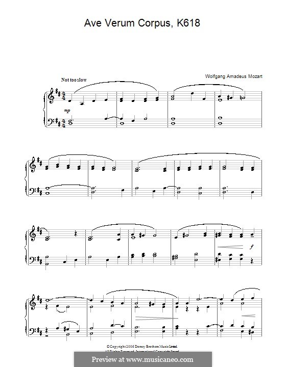 Ave verum corpus (Printabel Scores), K.618: For easy piano by Wolfgang Amadeus Mozart