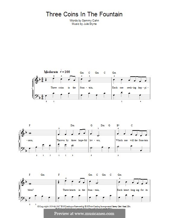 Three Coins in the Fountain (Frank Sinatra): For easy piano by Jule Styne