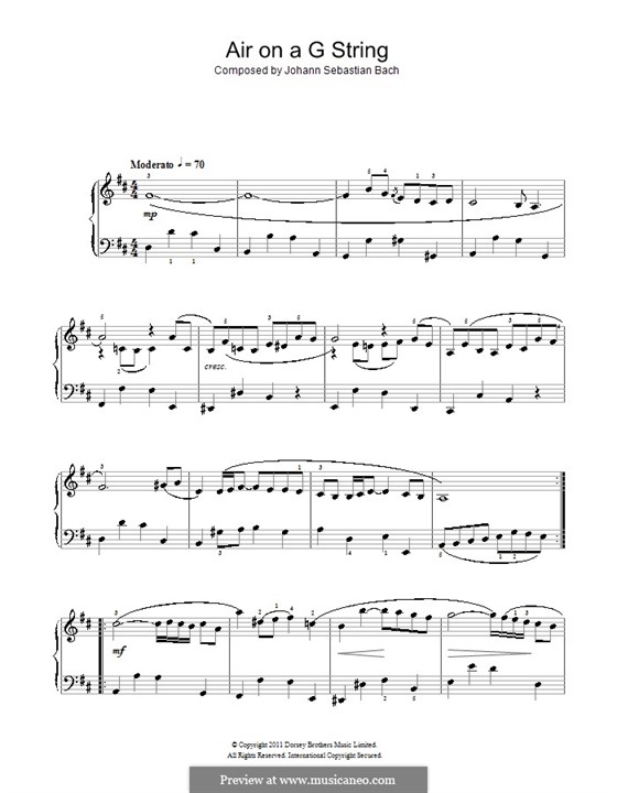 Aria (Printable Scores): Version for easy piano by Johann Sebastian Bach