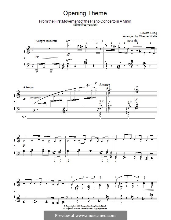 Piano Concerto in A Minor, Op.16: Movement I. Theme. Version for easy piano by Edvard Grieg