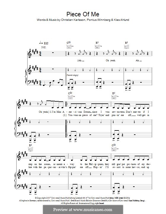 Piece of Me (Britney Spears): For voice and piano (or guitar) by Christian Karlsson, Klas Ahlund, Pontus Winnberg