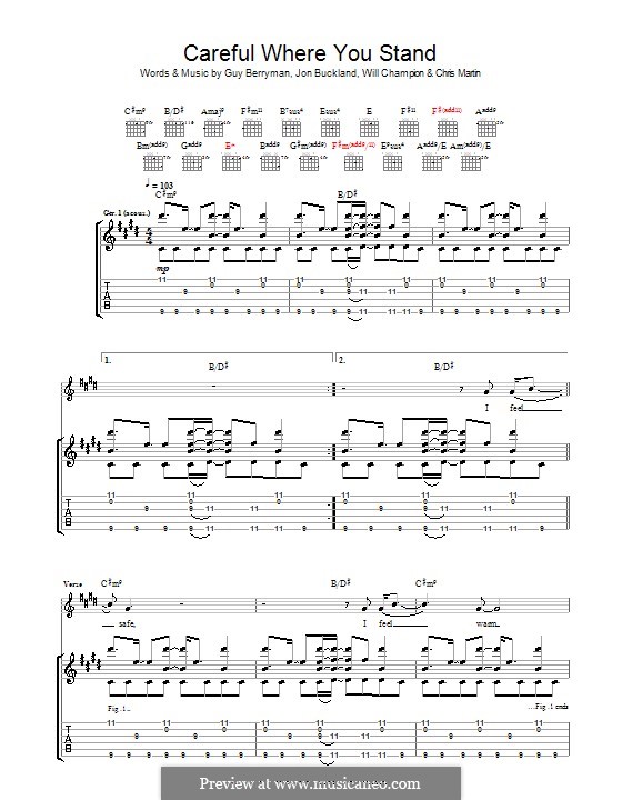 Careful Where You Stand (Coldplay): For guitar with tab by Chris Martin, Guy Berryman, Jonny Buckland, Will Champion