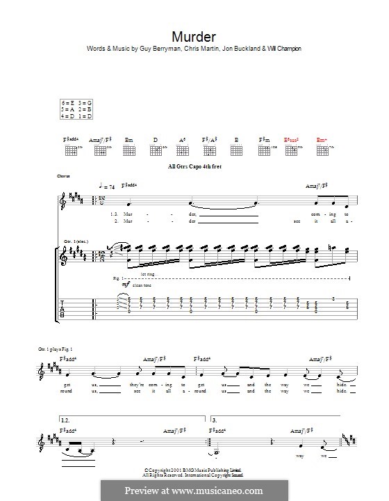 Murder (Coldplay): For guitar with tab by Chris Martin, Guy Berryman, Jonny Buckland, Will Champion