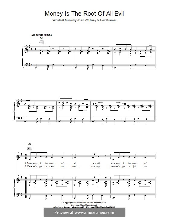 Money is the Root of All Evil (The Andrews Sisters): For voice and piano (or guitar) by Alex Kramer, Joan Whitney