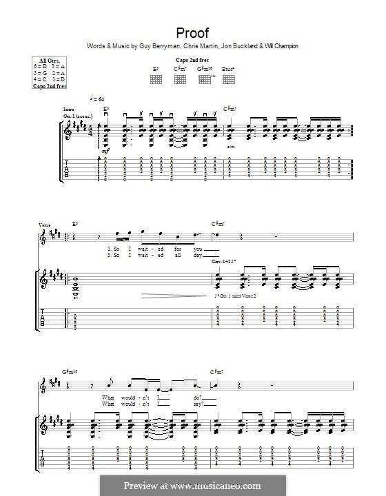 Proof (Coldplay): For guitar with tab by Chris Martin, Guy Berryman, Jonny Buckland, Will Champion
