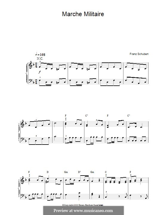 Three Marches Militaires for Piano Four Hands, D.733 Op.51: March No.1, for piano (high quality sheet music) by Franz Schubert