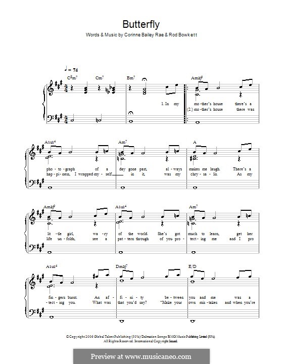 Butterfly (Corinne Bailey Rae): For easy piano by Rod Bowkett