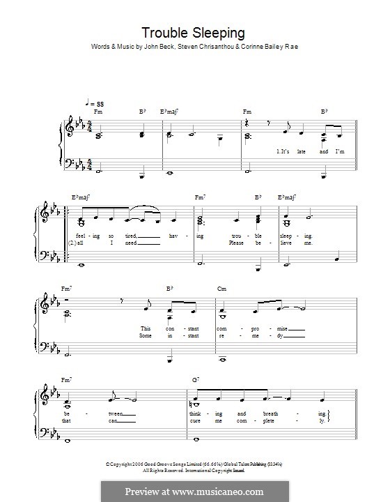 Trouble Sleeping (Corinne Bailey Rae): For easy piano by John Beck, Steven Chrisanthou