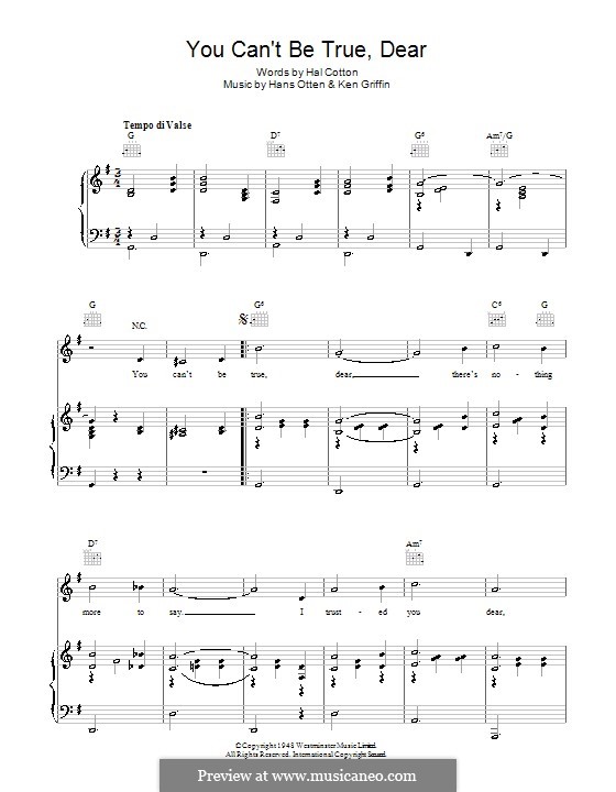 You Can't Be True Dear: For voice and piano (or guitar) by Hans Otten