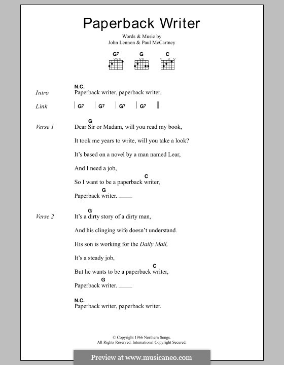 Paperback Writer (The Beatles): Lyrics and chords by John Lennon, Paul McCartney