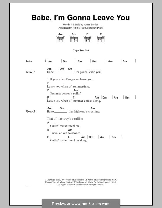 Babe, I'm Gonna Leave You (Led Zeppelin): Lyrics and chords by Anne Bredon, Jimmy Page, Robert Plant