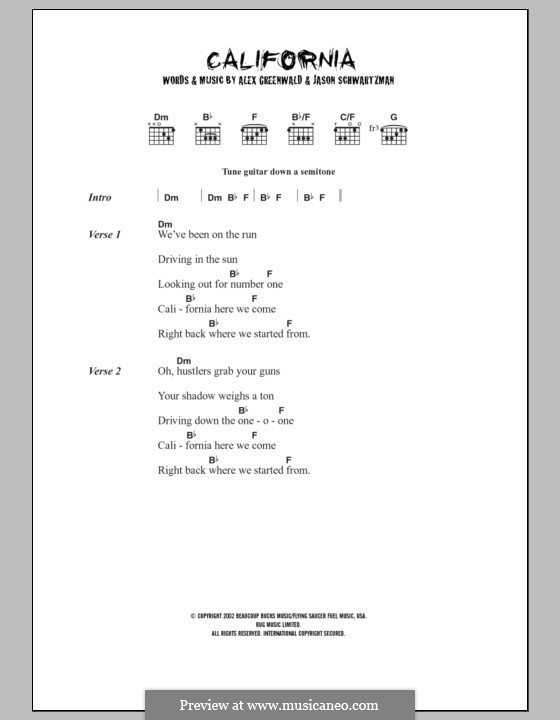 California (from The OC): Lyrics and chords (Phantom Planet) by Buddy Gard DeSylva, Joseph Meyer, Al Jolson, Alex Greenwald, Darren Robinson, Jacques Brautbar, Jason Schwartzman, Sam Farrar