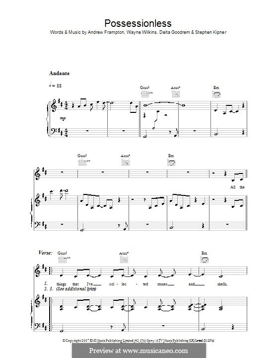 Possessionless (Delta Goodrem): For voice and piano (or guitar) by Andrew Frampton, Stephen Alan Kipner, Wayne Wilkins