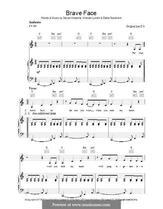Brave Face: For voice and piano (or guitar) by Kristian Lundin, Savan Kotecha