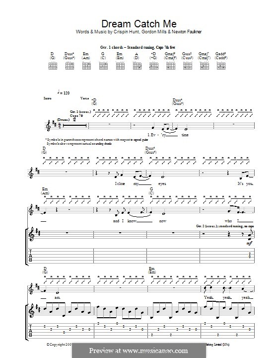 Dream Catch Me: For guitar with tab by Crispin Hunt, Gordon Mills, Newton Faulkner