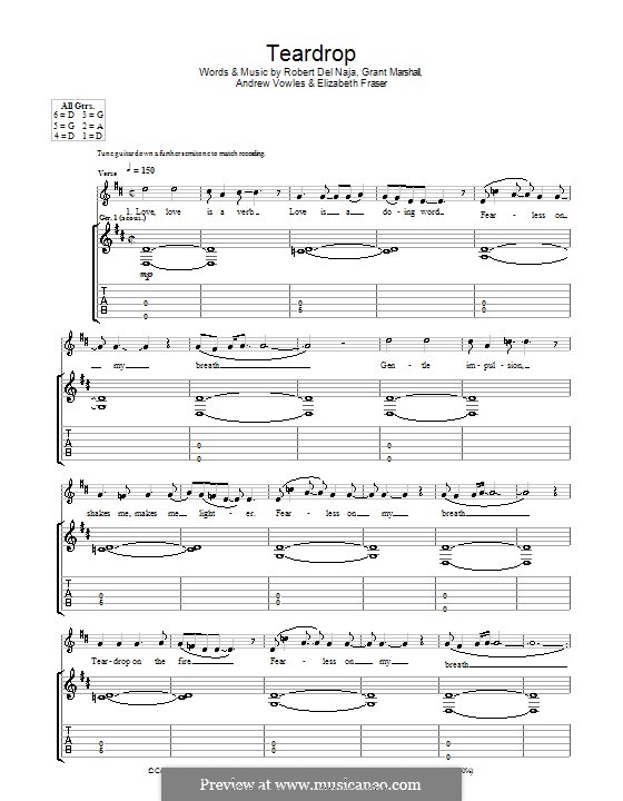 Teardrop (Massive Attack): For guitar with tab by Andrew Vowles, Elizabeth Fraser, Grantley Marshall, Robert Del Naja