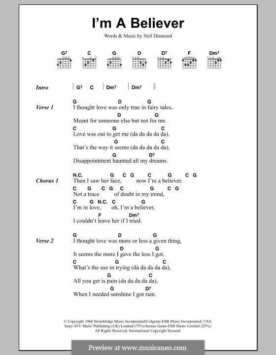 I'm a Believer: Lyrics and chords by Neil Diamond